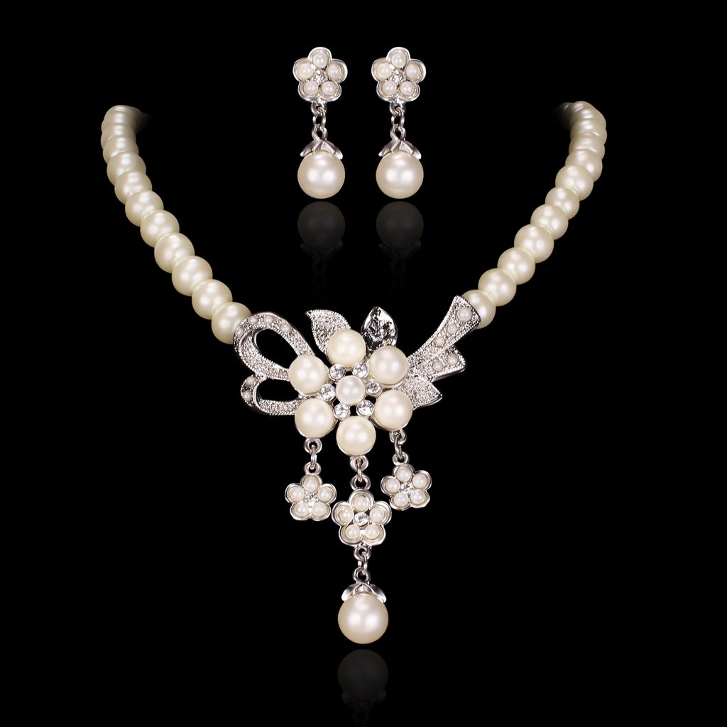 Hochzeit Brautschmuck Ohrringe Silber Blumen Perlen Weiß Kristall Klar 1,5 cm Du