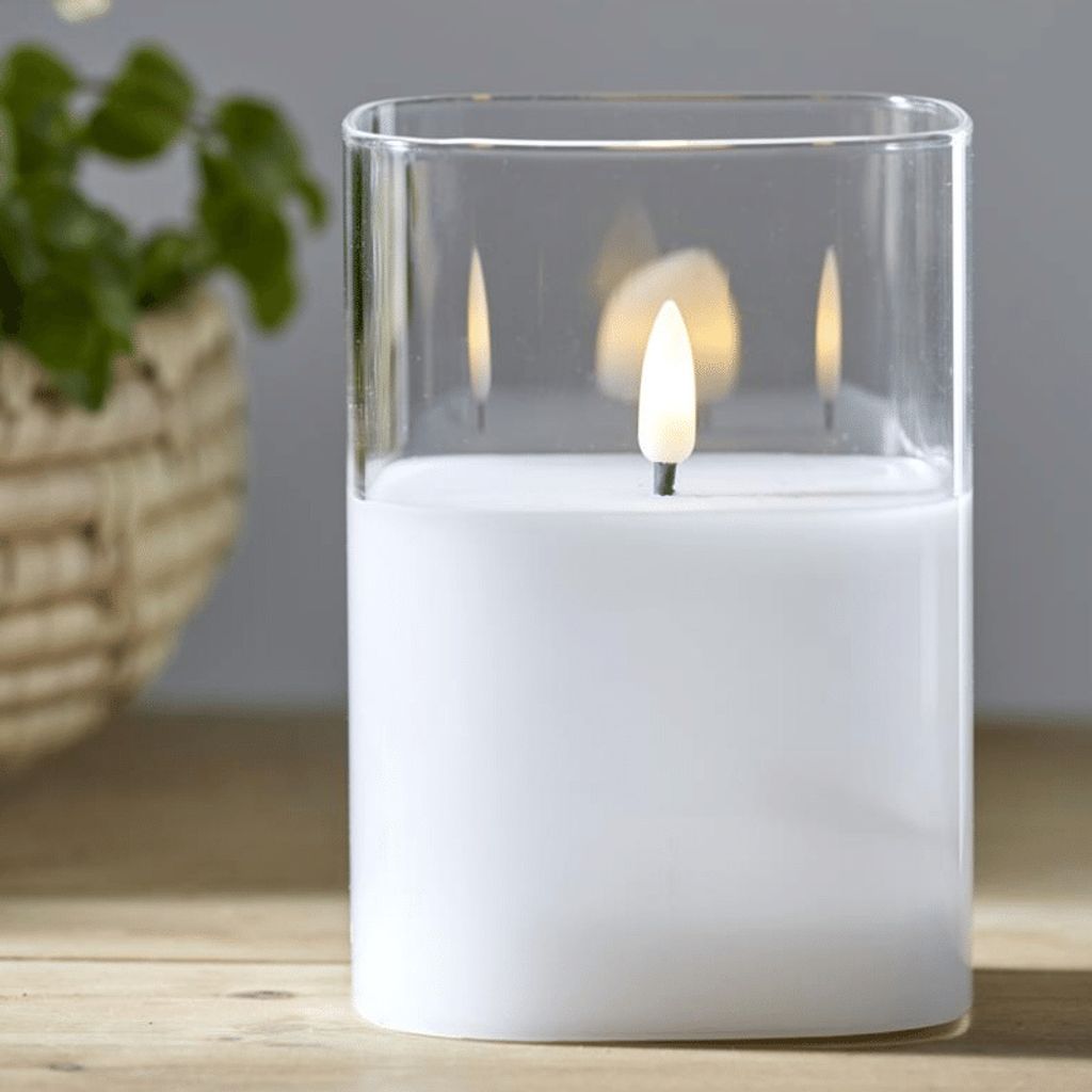 LED Windlicht  Echtwachs flackernde 3D Flamme Timer H:12,5cm rauchschwarzes Glas