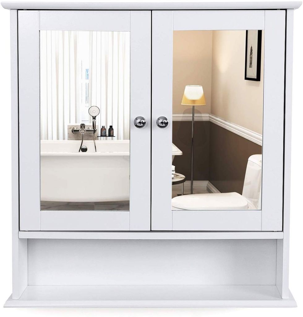 65 x 60 x 12 cm Ausla Spiegelschrank mit Spiegel und LED f/ür Badezimmer H/ängeschrank aus Edelstahl mit 2 Glasb/öden
