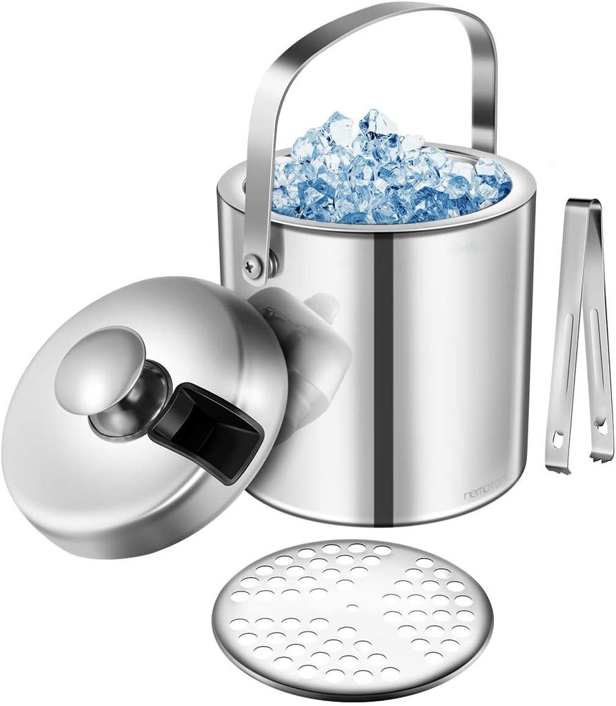 Eiskühler Eiseimer Silber mit Deckel Eiswürfelbehälter Edelstahl 1.3 Liter