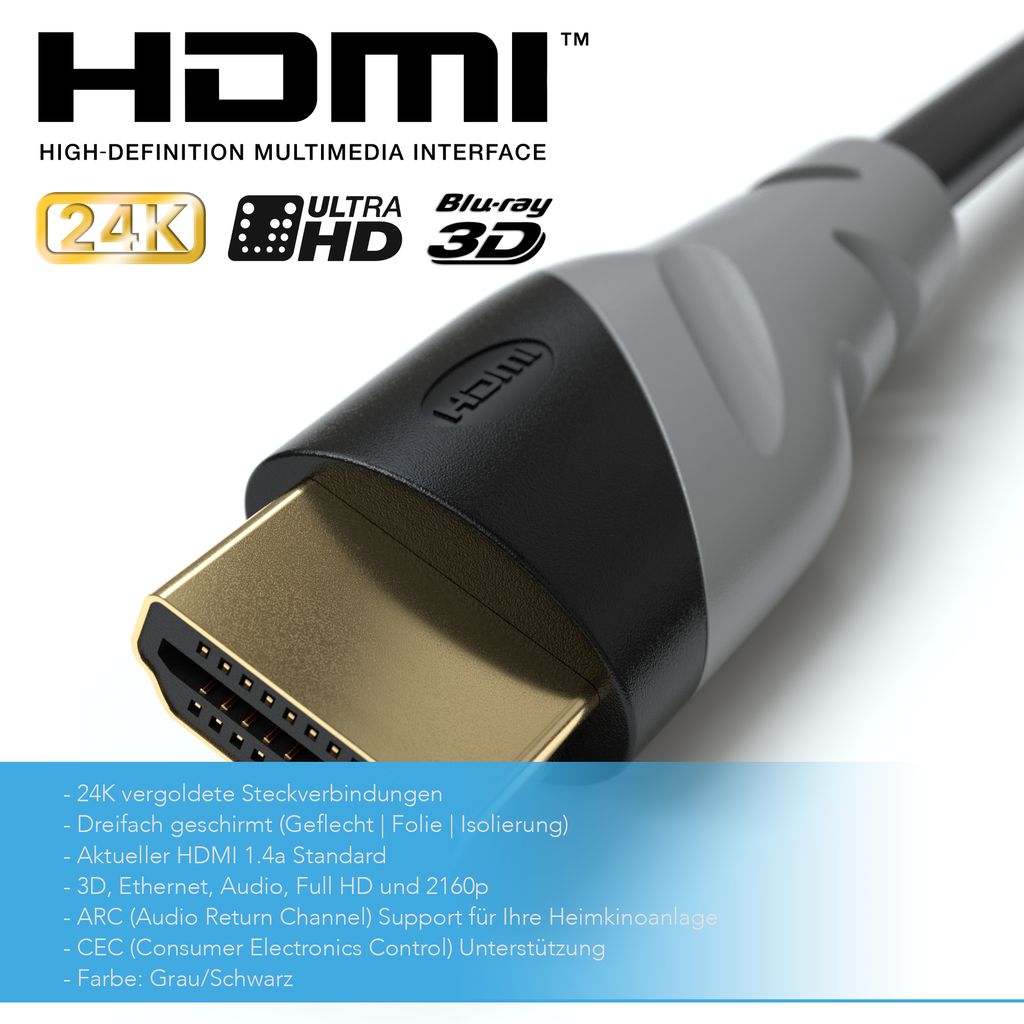 HDMI Kabel 2m 1.4a High-End 3D Ethernet Full HD LCD LED TV Monitor Fernseher
