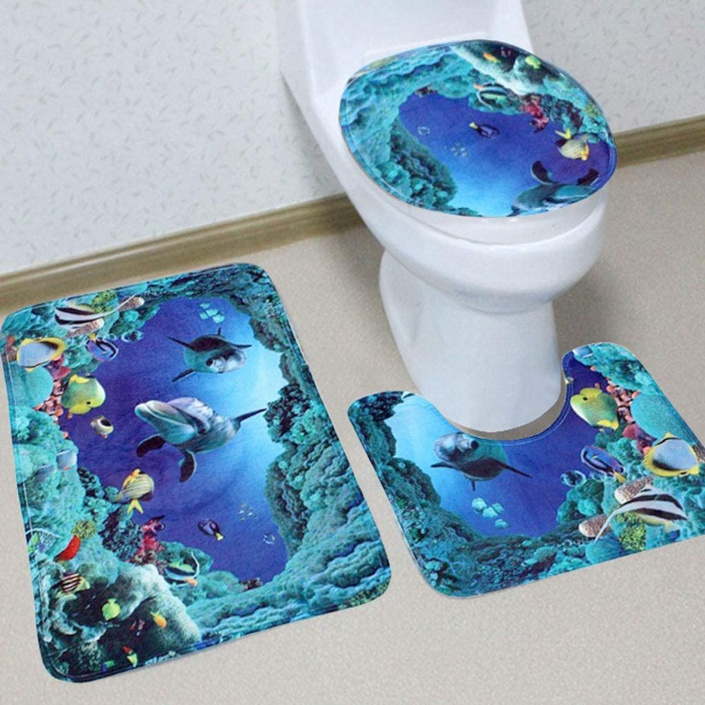 3er Set Duschvorleger Badteppich Badematte WC Deckelbezug Toilettendeckel Bezug 