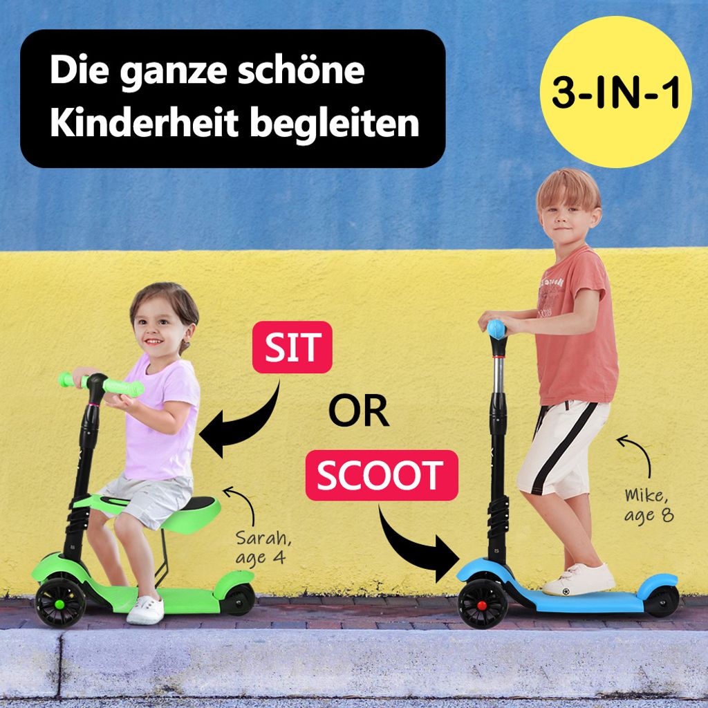 Kinderroller 3-in-1 Kinder Roller mit Sitz LED Räder Scooter verstellbare Höhe