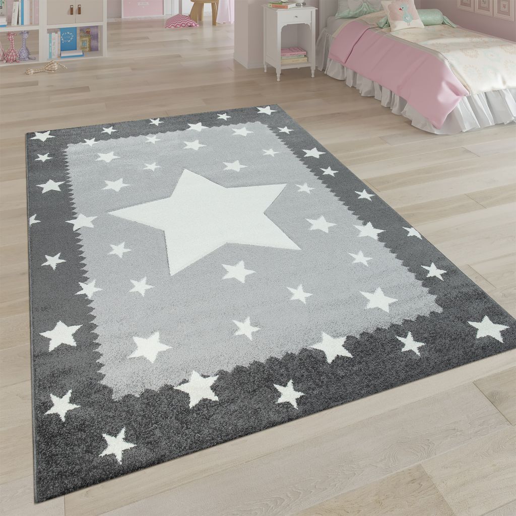 Kinderteppich Kinderzimmer Grau Anthrazit Sternen Muster Kurzflor Robust