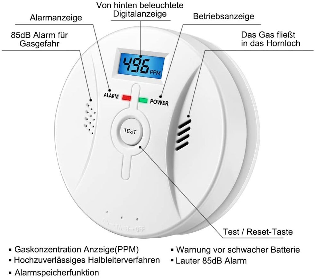 CO Melder Alarm Kohlenmonoxid LCD DISPLAY CO Gaswarner Feuermelder Warnmelder