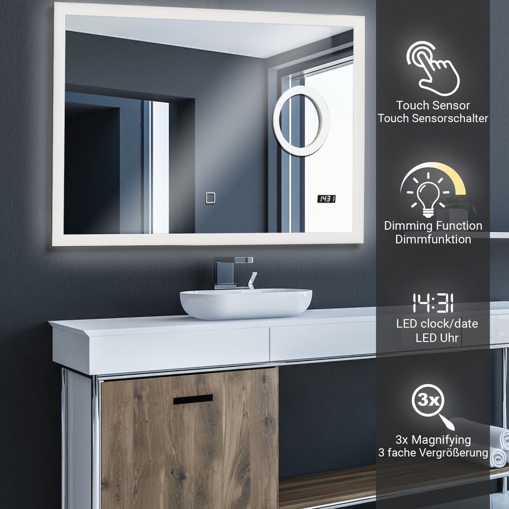 Bluetooth,Touch-Schalter und Beschlagfrei Wandspiegel Badezimmerspiegel Lichtspiegel Kaltwei/ß 6400K Bath-mann LED Badspiegel mit Beleuchtung 80x60 cm mit Uhr