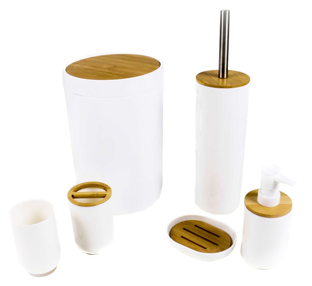 Bambus beige weiss WC-Bürste Seifenspender Papierkorb Utensilien Bad Set 6-tlg