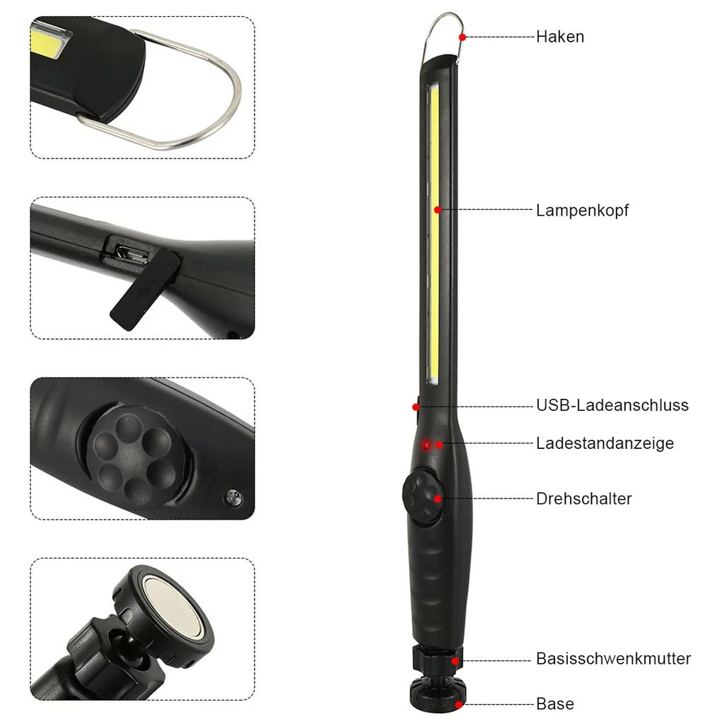 COB LED USB Arbeitsleuchte Akku Werkstattlampe Handlampe KFZ Magnet Basis Haken