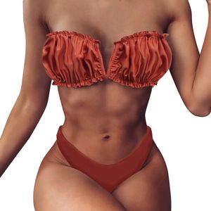 Damen-Bikini-Set gepolstert hohe Taille tiefer V-Ausschnitt Push-Up-Bikini Strand-Badeanzug für Damen mit Rüschen Übergröße 