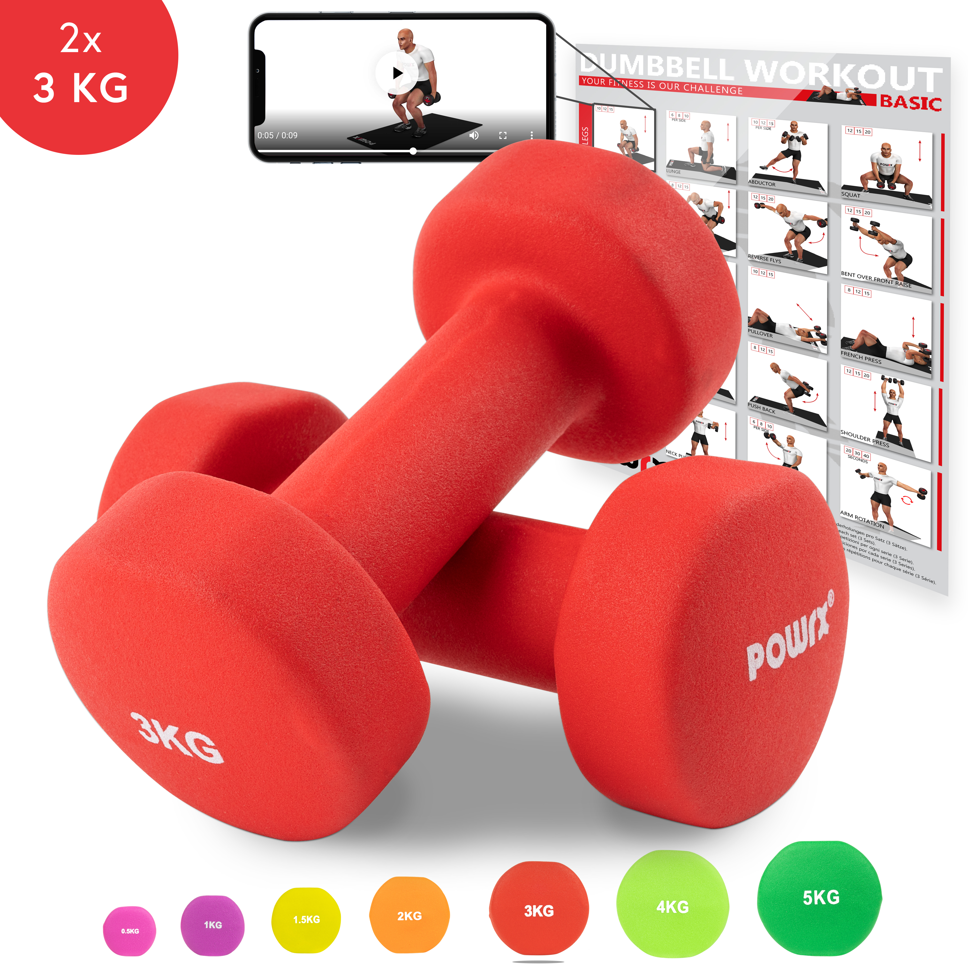 Farben 10 kg I Kurzhantel Set in versch POWRX Vinyl Hanteln Paar Ideal für Gymnastik Aerobic Pilates 0,5 kg 
