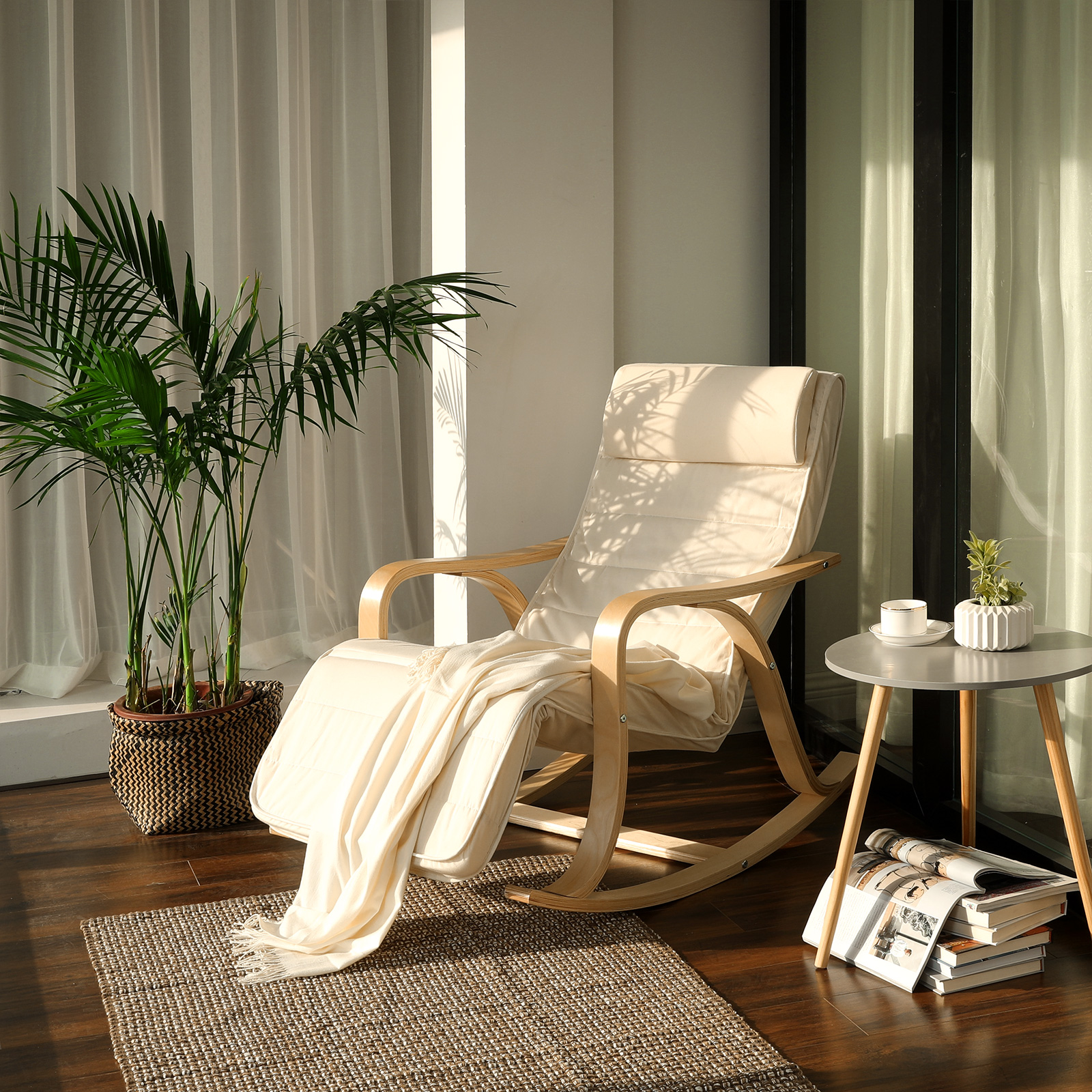 Schaukelstuhl aus Birkenholz Sessel Relaxsessel mit 5-Fach Verstellbarer Fu/ßst/ütze Belastbarkeit 150 kg Grau 65x86x100 cm